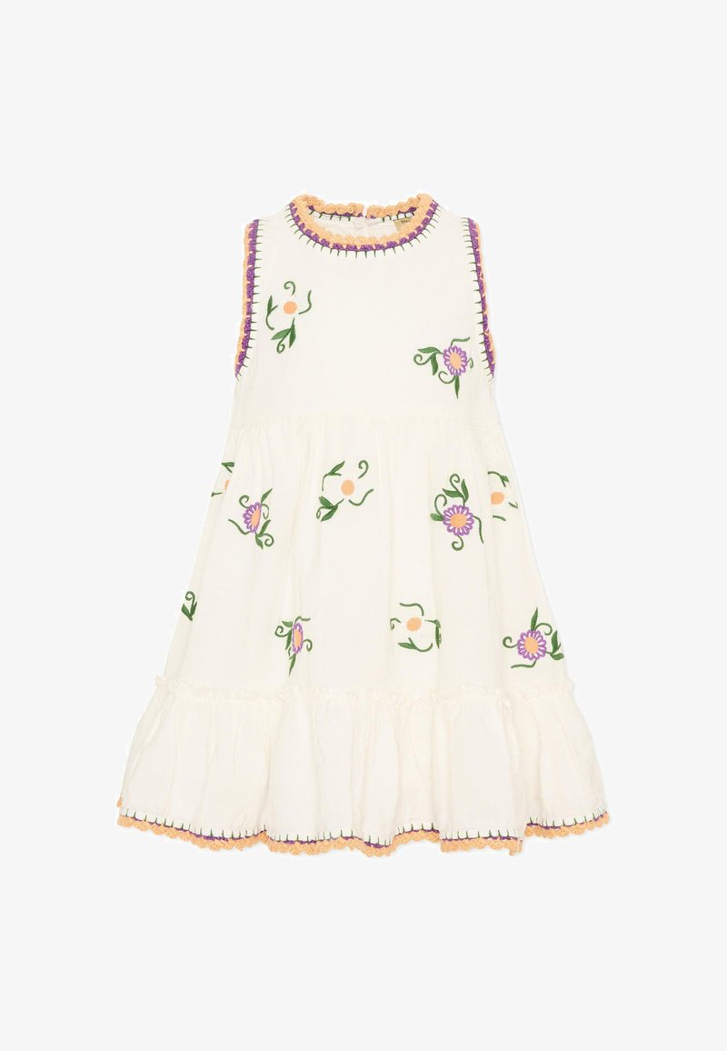 Vestito crema senza maniche con gonna a balze, decorato con ricami floreali viola e arancioni e rifiniture all'uncinetto arancioni e viola.