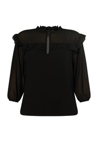 Zwarte blouse met ruches bij de halslijn en manchetten, gemaakt van doorschijnend materiaal. Heeft een halve rits aan de voorkant en loszittende mouwen.