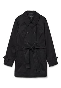 Manteau noir en trench avec un design à double boutonnage, grand col, taille ceinturée et manches boutonnées ; fabriqué en tissu lisse et durable.