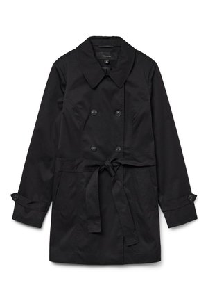Black trench coat with a double-breasted design, large collar, belted waist, and buttoned sleeves; made of smooth, durable fabric.