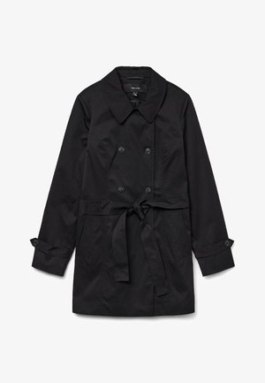 Palton negru cu un design cu două rânduri de nasturi, guler mare, talie cu curea și mâneci cu nasturi; realizat dintr-un material neted și durabil.