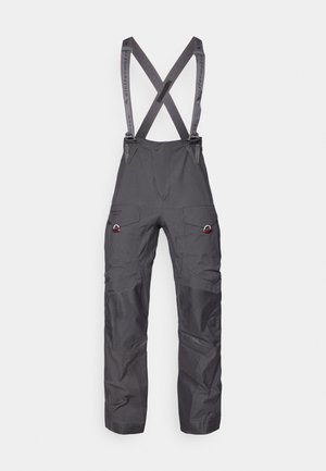 Gray insulated overalls with adjustable suspenders, multiple pockets, and reinforced knees, featuring a smooth, durable fabric texture.