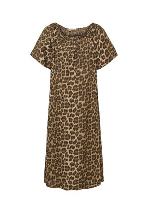 Kort brun og sort leopardprint kjole med korte ærmer og en rynket elastisk halsudskæring, knælængde.