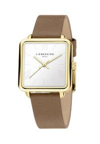 Vierkant horloge met een zilveren wijzerplaat, gouden kast en beige leren band. Voorzien van Romeinse cijfers en minimalistische uuraanduidingen.