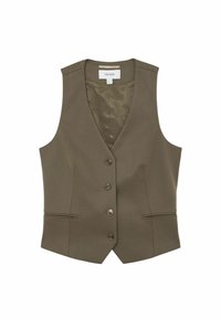 Gilet su misura verde oliva con quattro bottoni sul davanti e due tasche orizzontali a fessura, senza maniche con colletto a V.