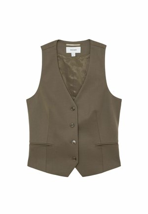 Olive rohelise tooniga kohandatud vest, millel on ees neli nuppu ja kaks horisontaalset lõhikutaskut, varrukateta ja V-kaelusega.