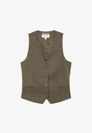 Olivgrüne, maßgeschneiderte Weste mit vier Knöpfen vorne und zwei waagerechten Eingrifftaschen, ärmellos mit V-Ausschnitt.