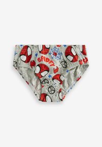 Caleçons en coton gris ornés d'un design Spider-Man avec des accents rouges et bleus, incluant des motifs d'araignée et le mot "SPIDEY" en lettres majuscules.