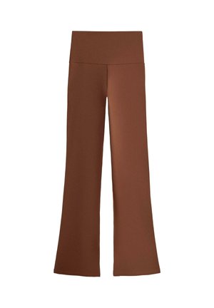 Hnedé vysoký pásové jogové nohavice so širokými nohavicami a bezšvovým dizajnom, zobrazené na bielom pozadí.