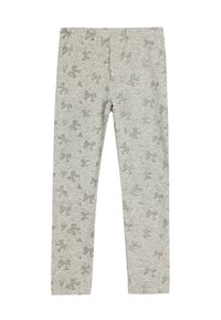 Lys grå leggings med et mønster af sløjfer og prikker over det hele. Lavet af blødt stof med en tætsiddende pasform og elastisk talje.