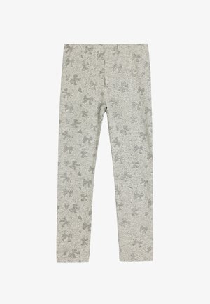 Jasnoszare legginsy z całkowitym wzorem w kokardki i kropki. Wykonane z miękkiego materiału, o dopasowanym kroju i elastycznej talii.