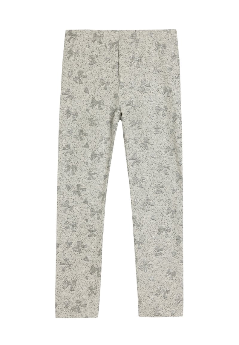 Lys grå leggings med et mønster af sløjfer og prikker over det hele. Lavet af blødt stof med en tætsiddende pasform og elastisk talje.