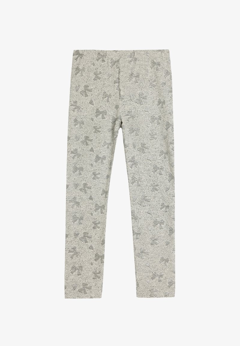 Lys grå leggings med et mønster af sløjfer og prikker over det hele. Lavet af blødt stof med en tætsiddende pasform og elastisk talje.