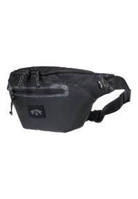 Marsupio nero realizzato in nylon resistente con scomparti con zip, tracolla regolabile e una patch con logo sul fronte. Forma snella.