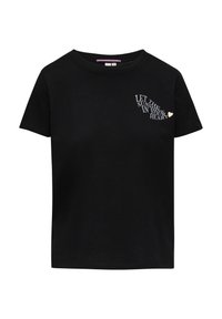 Zwarte katoenen T-shirt met korte mouwen. Bevat gebogen tekst met de boodschap "LAAT DE ZON IN JE HART" en een klein hart grafiek.