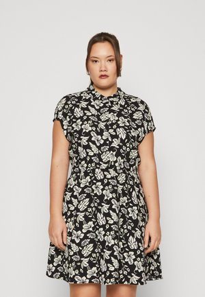 Black dress featuring a floral print with green and white accents, short sleeves, a collared neckline, and a fitted waist with a flared skirt.