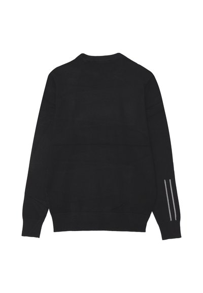Maglione nero con collo a giro e maniche lunghe. Presenta una superficie liscia e tre strisce grigie su ciascuna manica. Design minimalista.