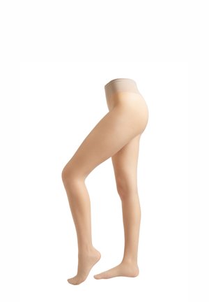 Beige strømpebukser med en glat, mat finish og en bred, blød taljebånd. Designet til at dække fra talje til tæer, hvilket viser en tætsiddende silhuet.