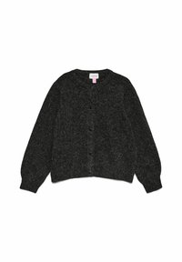 Grauer Cardigan aus strukturiertem Strickstoff, mit rundem Ausschnitt, langen Ärmeln und Knopfverschluss an der Vorderseite.