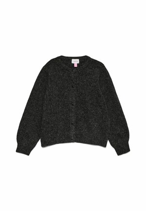 Gray cardigan made of textured knit fabric, featuring a round neckline, long sleeves, and button closure along the front.