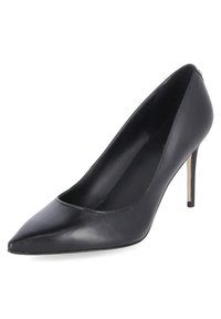 Pumps nere in pelle con tacco alto, punta affusolata, superficie liscia e tacco a stiletto sottile. Design minimalista, senza hardware visibile o decorazioni.