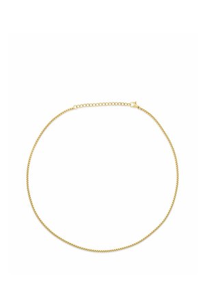 Collier délicat en chaîne d'or avec de petits maillons et une fermeture réglable sur fond blanc.