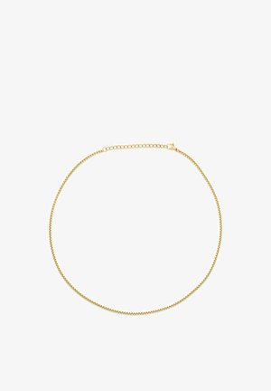 Delicata collana a catena d'oro con anelli sottili e chiusura regolabile su sfondo bianco.