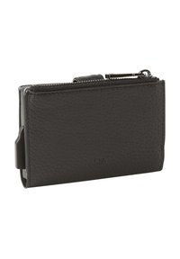 Black leather wallet with a textured finish, featuring a zippered compartment and a card holder. Compact rectangular shape.