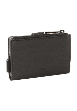 Black leather wallet with a textured finish, featuring a zippered compartment and a card holder. Compact rectangular shape.