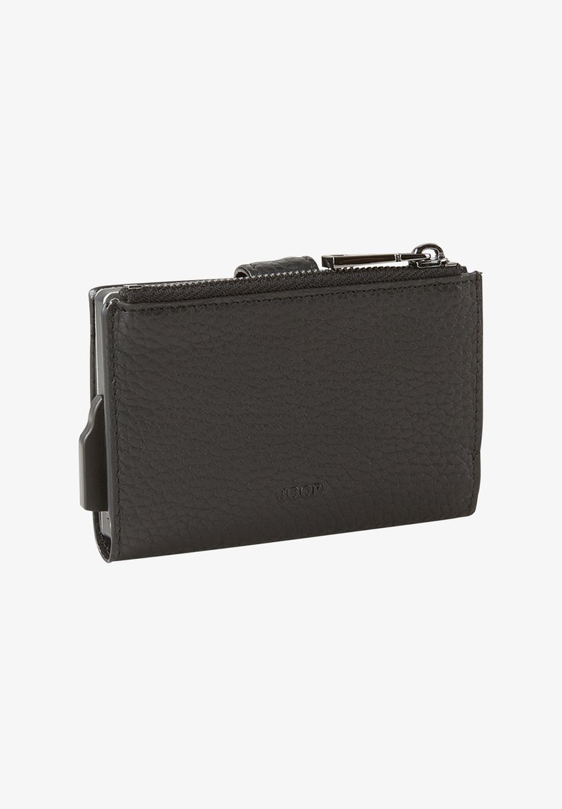 Black leather wallet with a textured finish, featuring a zippered compartment and a card holder. Compact rectangular shape.