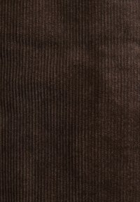Hnědá žebrovaná látka s vertikálními pruhy, s jemnou texturou a jednotnou tmavou barvou po celém povrchu. Vhodná pro čalounění nebo oděvy.