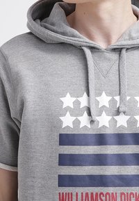Sudadera con capucha gris que presenta un diseño gráfico con estrellas blancas alternando con rayas azul marino. El texto "WILLIAMSON DICKIE" está en rojo.