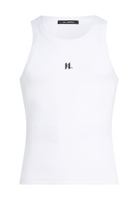 Biele rebrované tričko bez rukávov s okrúhlym výstrihom a priliehavým strihom. Na prednej strane sa nachádza malé čierne logo "KL" v strede. Hladká textúra.