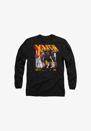 Black long-sleeve t-shirt featuring a graphic design of Wolverine from X-Men with yellow and red text, on a distressed white background.