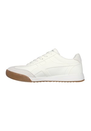 White leather sneakers with a rounded toe, lace-up closure, and rubber gum sole. Smooth upper surface with understated side design accents.