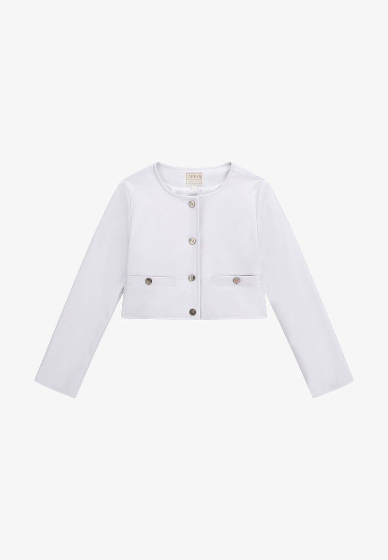 Weiße, kurze Jacke mit langen Ärmeln, rundem Ausschnitt, vorderer Knopfverschluss und zwei vorderen Taschen, die mit metallischen Knöpfen verziert sind.