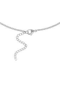 Collana in metallo argento con chiusura a moschettone e lunghezza regolabile, dotata di anelli extra per la personalizzazione della misura.