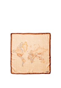 Sciarpa in seta con sfondo beige e un design della mappa del mondo in tonalità di arancione e marrone, bordata con una rifinitura marrone lucido.