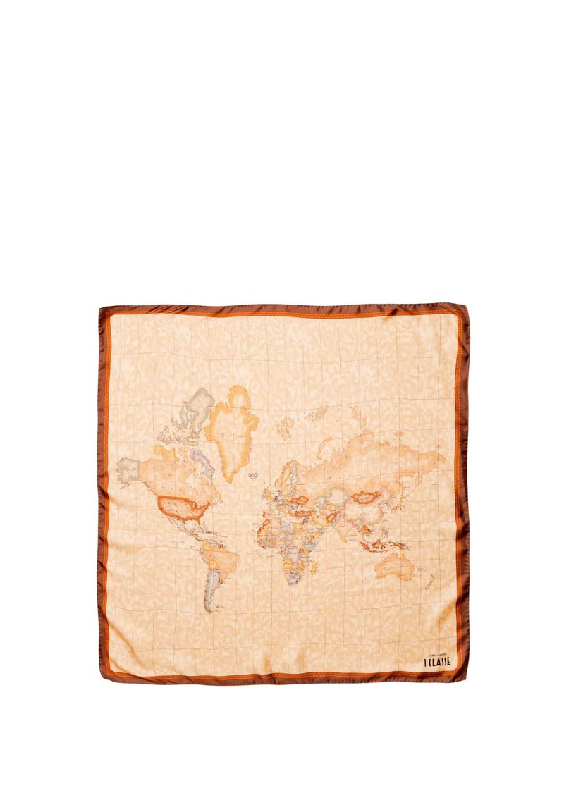 Sciarpa in seta con sfondo beige e un design della mappa del mondo in tonalità di arancione e marrone, bordata con una rifinitura marrone lucido.