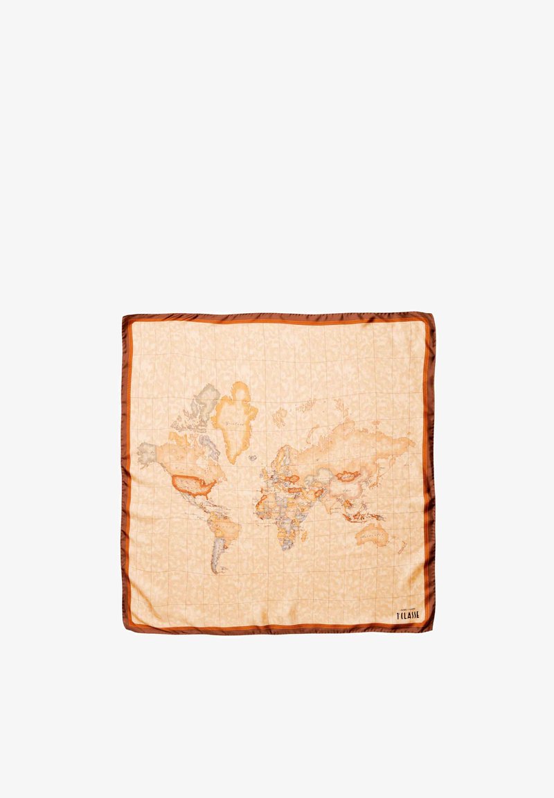 Sciarpa in seta con sfondo beige e un design della mappa del mondo in tonalità di arancione e marrone, bordata con una rifinitura marrone lucido.