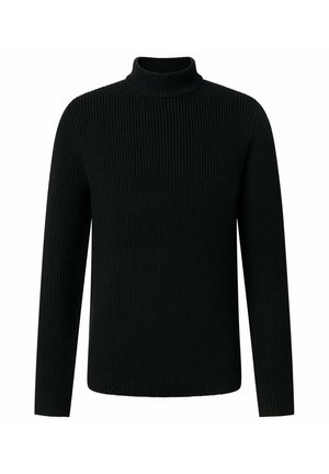 Sort ribstrikket rullekrave sweater med lange ærmer og en tætsiddende krave, vist på en hvid baggrund.