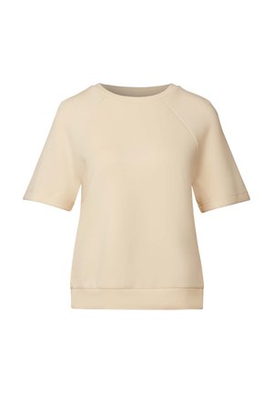 Beige Kurzarmoberteil aus weichem Stoff. Besitzt einen runden Ausschnitt, Raglanärmel und einen geraden Saum. Sanftes, minimalistisches Design.