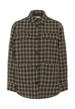 Brown and white plaid shirt made from textured fabric, featuring a button-up front, two chest pockets, and a classic collar.