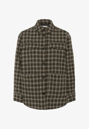 Rudos ir baltos plaid marškiniai, pagaminti iš tekstūruoto audinio, su mygtukų uždarymu, dviem krūtinės kišenėms ir klasikine apykakle.