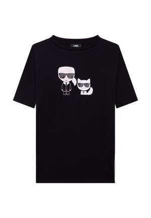 Black short-sleeve t-shirt featuring a graphic of two stylized figures, one with glasses and a suit, next to a cat wearing sunglasses.