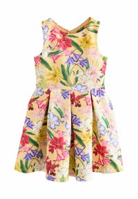 Blumenkleid mit gelbem Hintergrund, geschmückt mit pinken, roten und lila Blumen. Ärmellos, V-Ausschnitt und mit einem plissierten Rock.