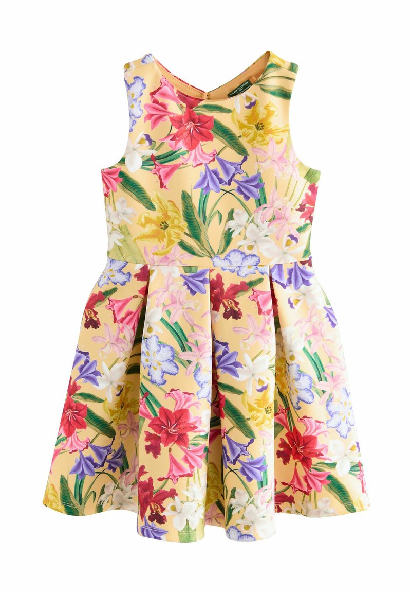 Blumenkleid mit gelbem Hintergrund, geschmückt mit pinken, roten und lila Blumen. Ärmellos, V-Ausschnitt und mit einem plissierten Rock.