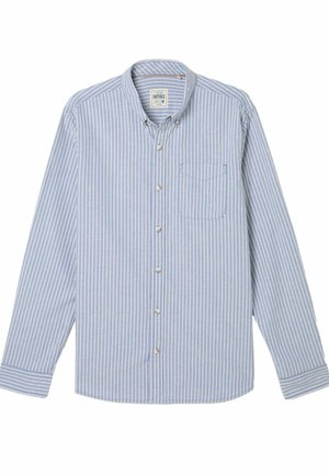 Jasnoniebieska koszula z długim rękawem z białymi pionowymi paskami, na guziki, z pojedynczą kieszenią na piersi i klasycznym kołnierzykiem.