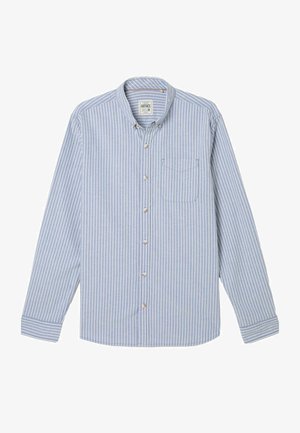 Vaaleansininen pitkähihainen paita, jossa valkoiset pystysuorat raidat, napillinen, yksittäinen rintatasku ja klassinen kaulus.