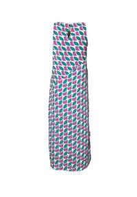 Vestido multicolorido con un patrón de hojas en turquesa y rosa. Presenta un escote redondo y una espalda con ojo de cerradura. Hecho de una tela liviana.